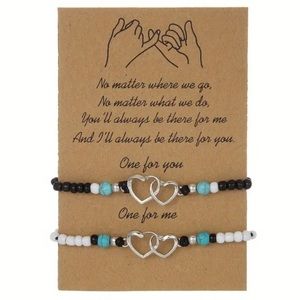 NEW Interlocking Hearts Black & White Beaded Cord Bracelet Set